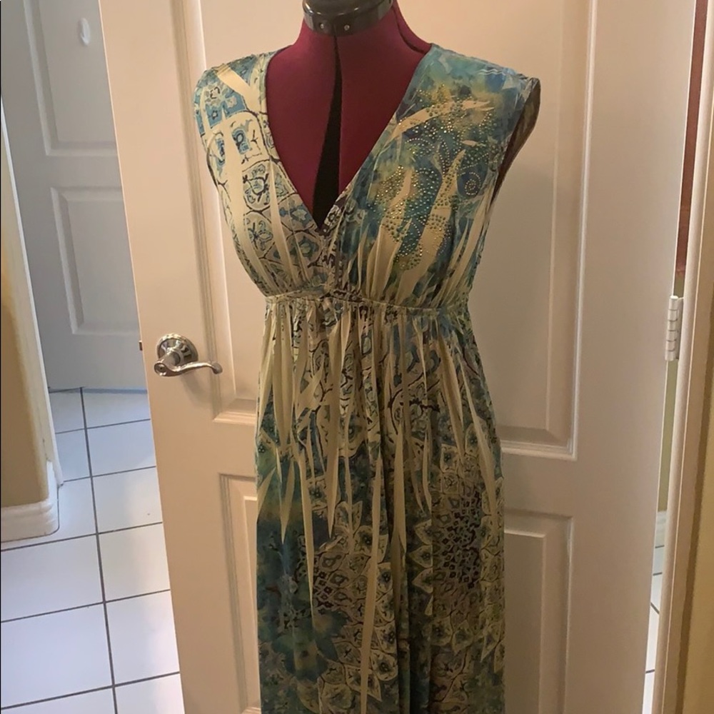 Maxi sundress shades of green, teal and blue